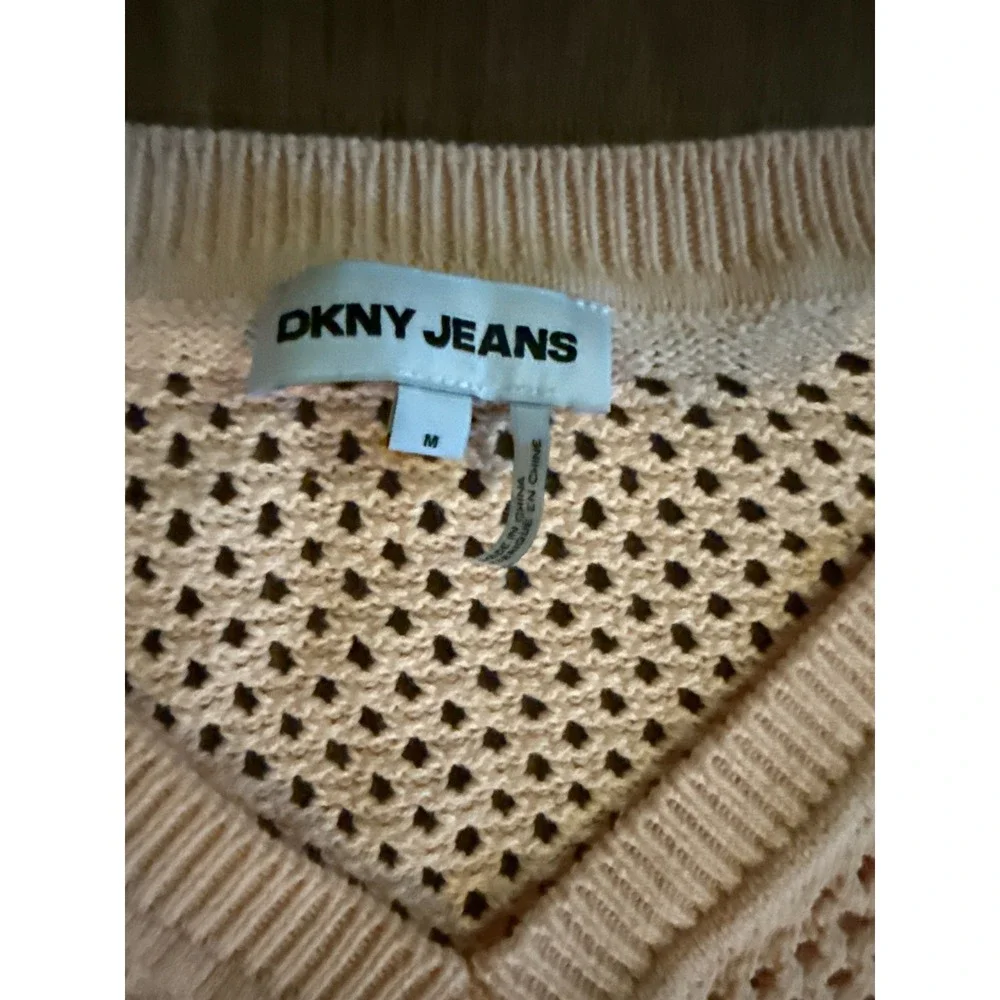 DKNY Jeans Womens Peach Open Knit V-Neck Sweater Mesh Long Sleeve Size M - Picture 2 of 5